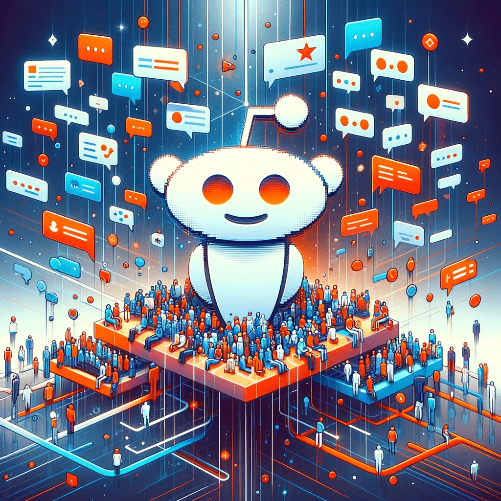 Reddit forum- The image should feature a modern- digital environment with abstract elements that represent online discus