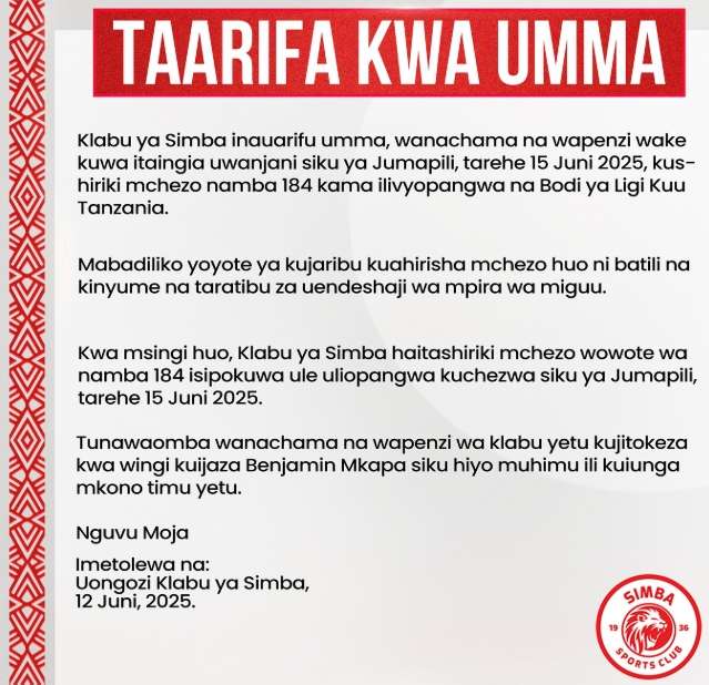 Taarifa kwa Umma ya Simba ya HATUCHEZI