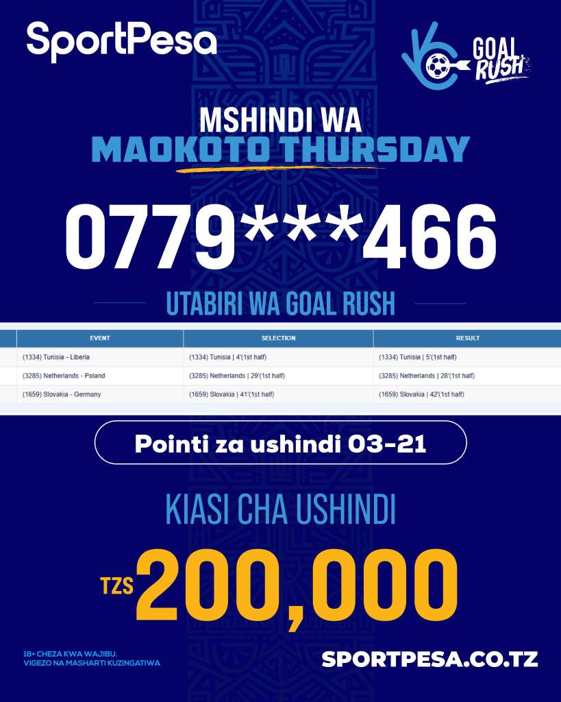 SportPesa Goal Rush washindi Agosti 30-5 Septemba