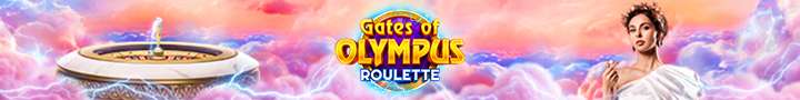Gates of Olympus Roulette Banner with logo x female dealer EN