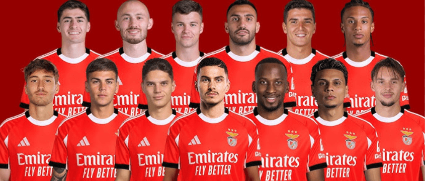 image featuring head-and-shoulder portraits of thirteen male S.L. Benfica football players