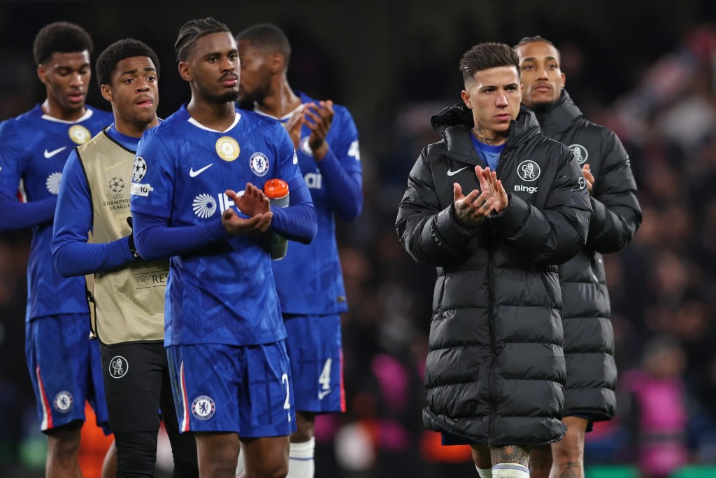 Chelsea midfielders Enzo Fernández and Wesley Fofana in blue home kits