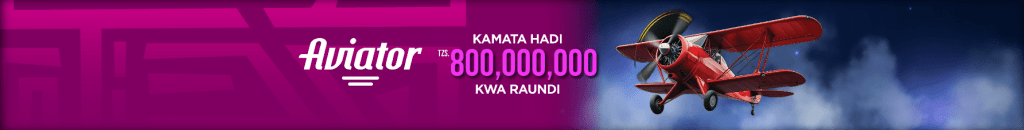 Aviator game banner featuring a red biplane and the message ‘Kamata hadi TZS 800,000,000 kwa raundi.’